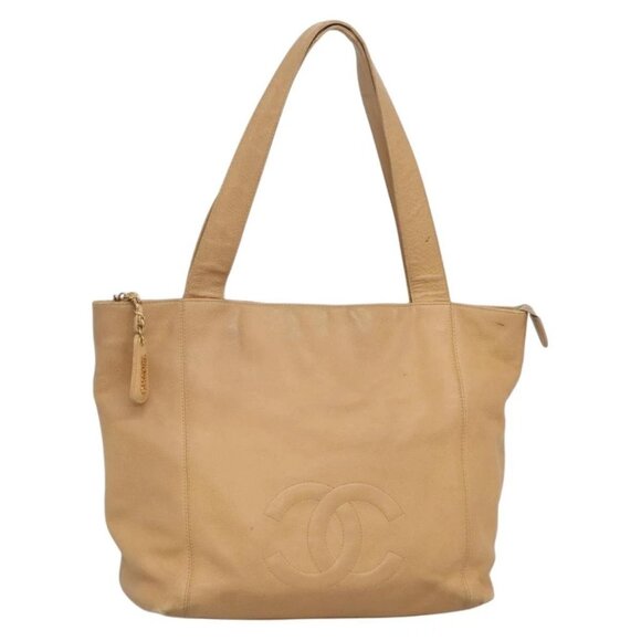 CHANEL COCO Mark Tote Bag Grained Calf Skin Beige Gold CC Auth BA4943 - Picture 1 of 16
